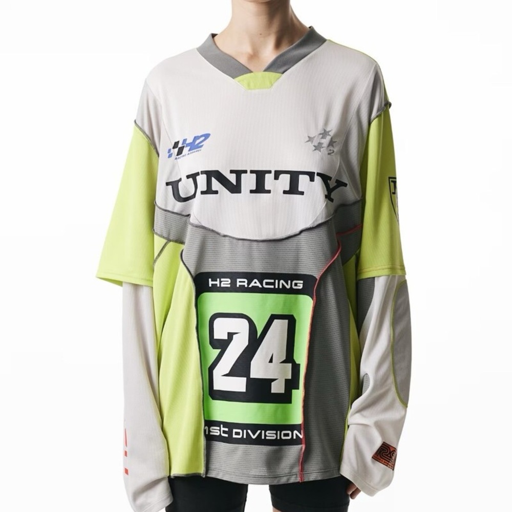 Heron Preston Men’s Racing Jersey in Light Gray & Neon Green